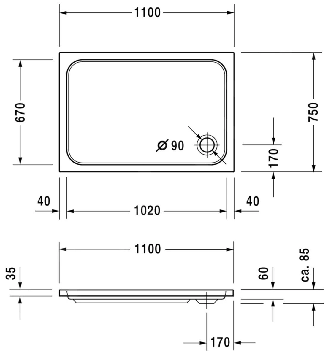 Duravit D-Code - Douchebak 1100x750 Mm, Antislip, Alpine Wit 720097000000001 - Afbeelding 2