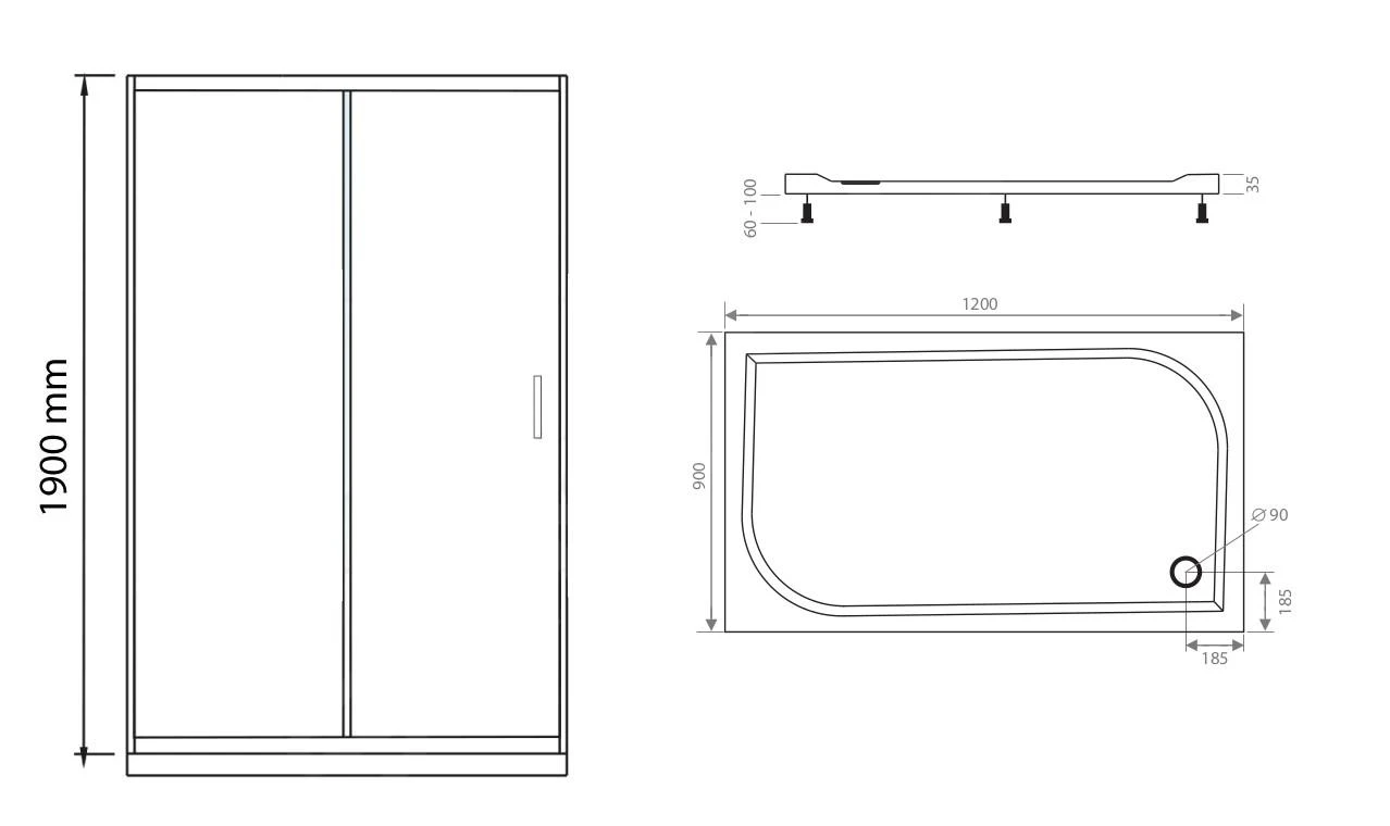 Lansanit LitIN Vati - Douchecabine 3 Delig 900x1200 Mm, Incl. Douchebak, Glanzend Aluminium/helder Glas SR90X120-C-SET - Image 2