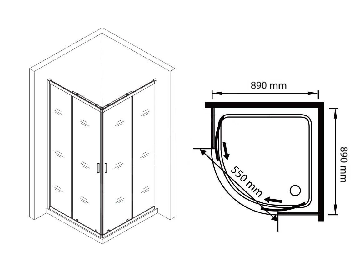 Lansanit LitIN Vati - Douchecabine 4 Delig 900x900 Mm, Incl. Douchebak, Glanzend Aluminium/helder Glas QR99-190-C-SET - Afbeelding 2